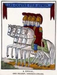 Bild von Epinal aus dem Jahr 1825, das „Die vier Söhne Aymon“ darstellt, ein anonymes Epos aus dem späten 13. Jahrhundert.