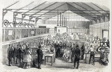 Kaiserin Eugénie und der kaiserliche Prinz besuchen die Banque de France, 23. Juni 1866 - Banknotendruck - Gravur in Le MONDE Illustré vom 07.07.1866