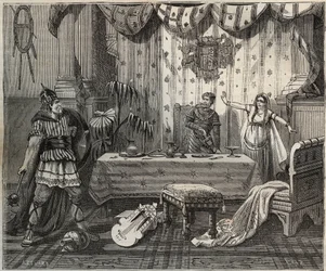 Im Jahr 978 betrat Lothar, König der Franken, den Palast von Otto II. des Heiligen Römischen Reiches und seiner Frau Theophano in Aachen, aber die kaiserliche Familie konnte ihn gefangen nehmen. Illustration in...