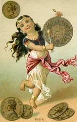Indische Tänzerin, die eine Rupientrommel schlägt, aus einer Serie von Werbekarten über Währungen in verschiedenen Ländern, veröffentlicht in Paris von Baster & Vieillemard für den Schokoladenhersteller Chocolat Ible