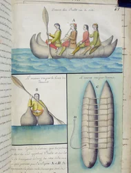 Indianer der Südsee, die Boote namens Balds benutzen