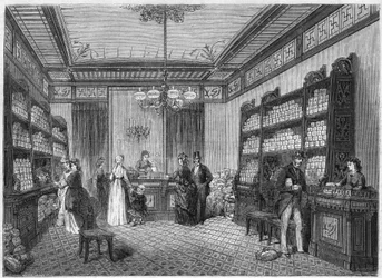Innenansicht des Cafés „Compagnie du Moka-Zanzibar“, gelegen in Paris, 47, rue Vivienne. Gravur in „Le Monde Illustré“ Nr. 808 vom 5. Oktober