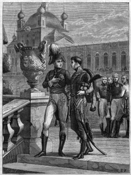 Interview von Alexander I. von Russland (1777-1825) und Michel Duroc (1772-1813) in Sankt Petersburg im April 1801 - Gravur von 1865 in „Histoire du Consulate et de l
