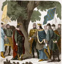 Interview von Gisors in der Oberen Normandie zwischen König Philippe Auguste und König Heinrich II. Plantagenet von England (1133-1189) im Jahr 1188.