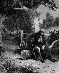 Isaac Newton (1642-1727), englischer Mathematiker und Astronom, entdeckt den Begriff der Erdanziehungskraft durch einen Apfel, der von einem Apfelbaum in Woolsthorpe fällt.
