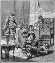 Jean de SANTEUL (Santeuil) (1630-1697) vergiftet mit einem Glas Wein, in das Tabak aus Spanien gegeben wurde - Gravur in "Wissenschaften für alle zugänglich gemacht - Physik und Chemie" von Alexis Clerc - Ende des 19. Jahrhunderts - Private Sammlung