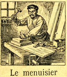 Tischler, der einen Nagel mit einem Hammer in eine Montage von Brettern auf seiner Werkbank schlägt. Gravur eines Silbenbuches (Lesebuch) um 1920.