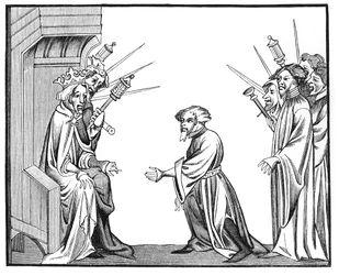 König Karl der Große (742-814) empfängt den Treue- und Huldigungseid eines seiner Lehnsherren, aus einer Miniatur in Kamee der Chroniken von St. Denis