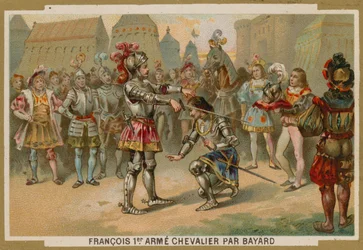 König Karl I. von Frankreich wird nach der Schlacht bei Marignano von Chevalier de Bayard zum Ritter geschlagen, 1515