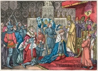 König Karl VII. (1403-1461) empfängt am 17.07.1429 in der Kathedrale von Reims in Anwesenheit von Jeanne d