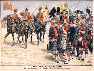 König Edward VII. inspiziert Highland-Truppen. In England. König Edward VII. (1841-1910) inspiziert die Highlander. Illustration für Le Petit Journal, 8. Oktober 1905.