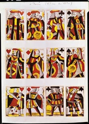 König, Königin und Bube spielen Karten (farbiger Holzstich)