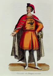 Ritter des Ungarischen Drachenordens gestürzt, Illustration aus Histoire et Costumes des Ordres Monastiques von Pierre Helyot (1660-1716), 1842