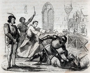 Der Fall Carrouges, 29. Dezember 1386 - das letzte gerichtliche Duell - Duell zwischen Jacques le Gris (1330-1386) und Jean de Carrouges - Stich in „Die Straßen von Paris. Das alte und moderne Paris: Ursprünge, Geschichte, Denkmäler, Trachten, Sitten