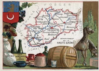 La Haute-Saône (70), Franche-Comté, Frankreich. Mehl, Luxeuil-Mineralwasser, Kirschwasser. Serie über die französischen Departements. Chromolithographie "Der geografische Faden", ca. 1920. Private Sammlung
