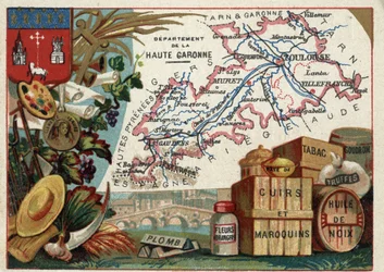 La Haute-Garonne (31), Midi-Pyrénées, Frankreich. Lokale Spezialitäten: Blei, Orangenblüten, Teigwaren, Leder und Lederwaren, Tabak, Walnussöl, Teer und Trüffel. Serie über die französischen Departements. Chromolithographie "Der geografische Faden", ca. 19