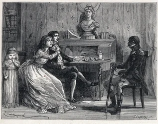 Der Terror während der Französischen Revolution: Camille Desmoulins (1760-1794), inhaftiert, erhält Besuch von seiner Frau Lucile (1770-1794) und dem Marschall Guillaume Brune (1763-1815)