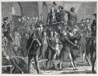 Die Schreckensherrschaft während der Französischen Revolution: Girondisten, die zum Tode verurteilt wurden, verlassen singend patriotische Lieder das Schafott