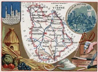 La Vienne, Poitou-Charentes, Frankreich. Samen, Chatellerault-Besteck und Strümpfe. Serie über die französischen Departements. Chromolithographie, ca. 1920. Privatsammlung.