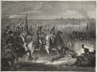Die Schlacht bei Lonato: In seinem Italienfeldzug besiegt Napoleon die Österreicher unter Wurmser und zwingt sie zum Rückzug nach Mantua. Auch zweite Schlacht bei Castiglione genannt. 3. August 1796. Neue Nationalenzyklopädie von Maurice La Châtre.