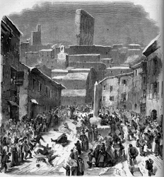 La glissade en barriots (Schlittenfahren) in Bourdeaux, Drome (26), Winter 1860. Gravur in „Le Monde Illustré“ Nr. 149 vom 18. Februar 1860.
