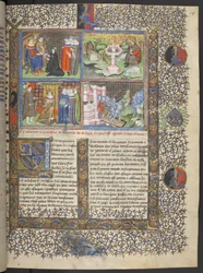 Miniaturen einschließlich Detail von Rittern in Helmen mit Visieren auf einer Zugbrücke, die eine Stadt gegen angreifende Ritter mit Speeren verteidigen, um 1415-20