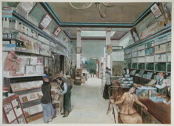 Großes Lebensmittelgeschäft in England, ca. 1900