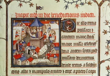 Miniatur eines Bischofs, der die jährliche Messe oder den Markt segnet, der zwei Wochen im Juni auf den Ebenen von St. Denis abgehalten wird, aus einem Pontifikal, 1301-1400