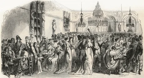 Der große Salon des Café Frascati in Paris im 19. Jahrhundert - Gravur in „Tableau-de-Paris“ von Edmond Texier 1852