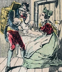 Le Pere Fouettard, französische Figur des Peitschvaters, legendäre Figur des Folklore, die unartige Kinder bestraft und ungehorsame Kinder einsperrt, Epinal-Bild 19. Jahrhundert (Gravur)