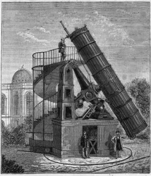 Das große Teleskop der Pariser Sternwarte im 19. Jahrhundert - Gravur in „Sciences à la portée de tous - Physique et chimie populaires“ von Alexis Clerc - Spätes 19. Jahrhundert. Private Sammlung.