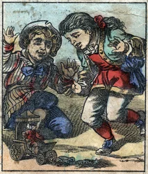 Lemuel Gulliver wird von den riesigen Kindern von Brobdingnag als Spielzeug benutzt. Illustration für „Gullivers Reisen“ von Jonathan Swift (1667-1745). Epinal-Bild Ende des 19. Jahrhunderts