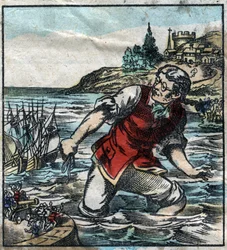 Lemuel Gulliver feuert die Schiffe der Blefuscu-Armee zum Hauptstadt-Hafen von Lilliput. Illustration für "Gullivers Reisen" von Jonathan Swift. Epinal-Bildgebung Ende des 19. Jahrhunderts.