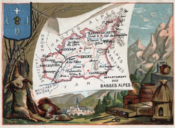 Les Basse-Alpes (Basse-Alpes), heute Département Alpes-de-Haute-Provence (Alpes de Haute-Provence 04), Frankreich. Lokale Spezialität: Jagd, Wachs, Honig, Trockenfrüchte und Öl. Serie über die französischen Departements. Chromolithographie „der geografisch