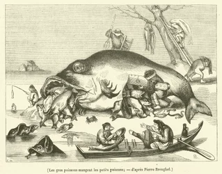 Die großen Fische fressen die kleinen Fische (Gravur)