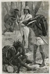Die Träger (Caucheros) in Darien (Region im Osten Panamas), Gravur nach einer Zeichnung von D. Maillart zur Illustration der Geschichte „Exploration am Isthmus von Panama und Darien“ von A. Reclus, Schiffslieutenant, von 1876 bis 1878, veröffentlicht in Le