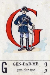 Buchstabe G als Gendarm. Militäralphabet. Bildmaterial von Epinal, ca. 1870-1880. Schablonenfarbige Holzschnitte.