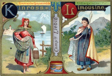Buchstabe K: Schottin aus Kinross und L als Dorfmädchen aus Limousin. Frauenalphabet. Serie von 12 Bildern. Liebig-Werbung