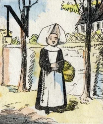 Buchstabe M Mädchen als Nonne. ABC der kleinen Mädchen. Epinaler Bildgebung
