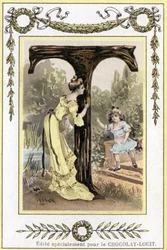 Brief T, der eine Mutter und ihre Tochter beim Versteckspiel darstellt, späte 19. Jahrhundert (Chromolithographie)