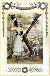 Brief, der eine Mutter mit einer Pauke und ihren Sohn als Hirten mit einer Sackpfeife darstellt, späte 19. Jahrhundert (Chromolithographie)