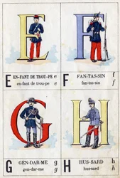 Buchstaben E wie Truppenkind, F wie Infanterist, G wie Diener und H wie Husar. Militärisches ABC. Bild von Epinal