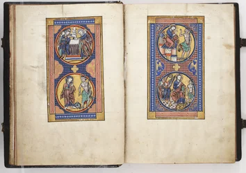 Lewis Psalter ff.8v-9r, Darstellung im Tempel und die drei Versuchungen Christi, ca. 1225-40 (Tempera & Gold auf Pergament)