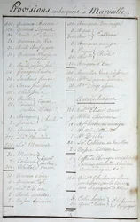 Liste der in Marseille an Bord genommenen Vorräte und antiskorbutische Rezepte in „Reise um die Welt auf der Solide unter Kapitän Marchand“ (ein Logbuch). 1791-1792. Nationalarchiv in Paris.