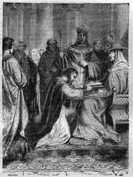 Lothar I. (795-855) zu Füßen von Papst Adrian II. (792-872). Gravur in „Histoire des Papes-Rois-Reines und Kaiser durch die Jahrhunderte“ von Maurice Lachatre
