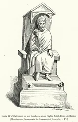 Ludwig IV. von Übersee auf seinem Grab in der Kirche Saint-Remi von Reims (Gravur)