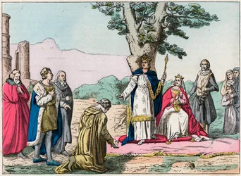 Ludwig IX., genannt „Saint-Louis“ (1214-1270), richtet über alle seine Untertanen im Bois de Vincennes - Gravur Ende des 19. Jahrhunderts in „Nos Gires Nationales - Images et récits“