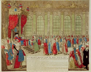 Ludwig XIV. empfängt den persischen Botschafter Mohammed Reza Beg in der Spiegelgalerie von Versailles, 19. Februar 1715