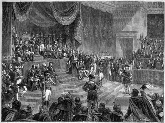 Louis XVIII und die Einführung der konstitutionellen Monarchie - Konstitutionelle Charta vom 4. Juni 1814 - Louis XVIII leitet die Eröffnung der Sitzung der Kammern am 4. Juni 1814 im Palais Bourbon in Paris - in „Histoire de l