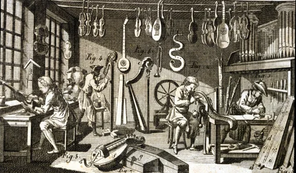 Werkstatt des Geigenbauers. Gravur - in Enzyklopädie von Diderot und d